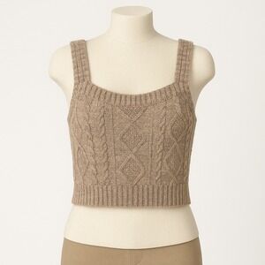 Y2K Crop Tank Top Cable Knit Sweater Brown Tan S Cottagecore Festival Prairie